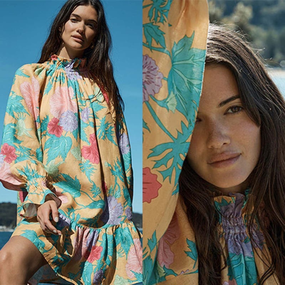 NEW Ephemera Tiered Mock Neck Garland Smock Colorful Floral Yellow Mini Dress - Picture 9 of 9